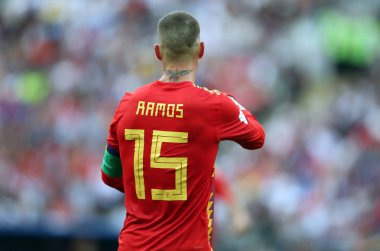 01.07.2018. Moskova, Rusya: Sergio Ramos eylem sırasında FIFA Dünya Kupası Rusya 2018, sekizlik İspanya Vs Rusya Moskova'da Lujniki Stadyumu arasındaki final futbol maçını.