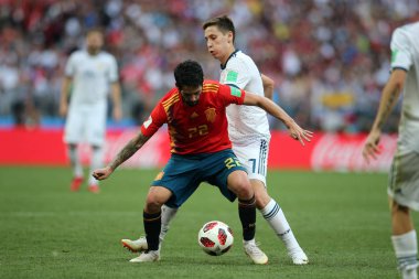 01.07.2018. Moskova, Rusya: Çifleşme eylem sırasında FIFA Dünya Kupası Rusya 2018 görüþ son futbol İspanya Vs Rusya Moskova'da Lujniki Stadyumu arasında eşleme.