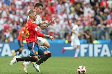 01.07.2018. eylem sırasında FIFA Dünya Kupası Rusya 2018 Moskova, Rusya: Sergio Ramos, İspanya Vs Rusya Moskova'da Lujniki Stadyumu arasında görüþ son futbol maç.