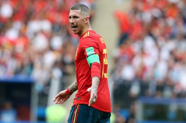 01.07.2018. eylem sırasında FIFA Dünya Kupası Rusya 2018 Moskova, Rusya: Sergio Ramos, İspanya Vs Rusya Moskova'da Lujniki Stadyumu arasında görüþ son futbol maç.