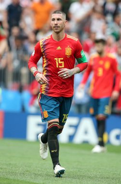 01.07.2018. Moskova, Rusya: Sergio Ramos eylem sırasında FIFA Dünya Kupası Rusya 2018, sekizlik İspanya Vs Rusya Moskova'da Lujniki Stadyumu arasındaki final futbol maçını.