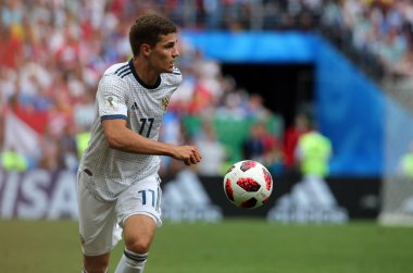 01.07.2018. Moskova, Rusya Federasyonu: Zobnin eylem sırasında FIFA Dünya Kupası Rusya 2018, sekizlik İspanya Vs Rusya Moskova'da Lujniki Stadyumu arasındaki final futbol maçını.