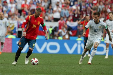 01.07.2018. Moskova, Rusya: Sergio Ramos, eylem sırasında FIFA Dünya Kupası Rusya 2018, sekizlik son futbol Smolov İspanya Vs Rusya Moskova'da Lujniki Stadyumu arasında eşleme.