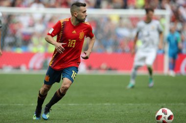 01.07.2018. Moskova, Rusya: Jordi Alba eylem sırasında FIFA Dünya Kupası Rusya 2018, sekizlik İspanya Vs Rusya Moskova'da Lujniki Stadyumu arasındaki final futbol maçını.