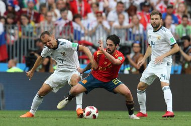 01.07.2018. Moskova, Rusya Federasyonu: Ignashevich, eylem sırasında FIFA Dünya Kupası Rusya 2018, sekizlik İspanya Vs Rusya Moskova'da Lujniki Stadyumu arasındaki final futbol maçını Çifleşme.