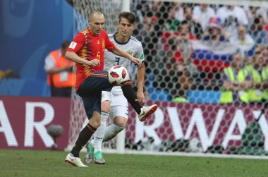 01.07.2018. Moskova, Rusya: Andres Iniesta, eylem sırasında FIFA Dünya Kupası Rusya 2018, sekizlik İspanya Vs Rusya Moskova'da Lujniki Stadyumu arasındaki final futbol maçını Kutepov.