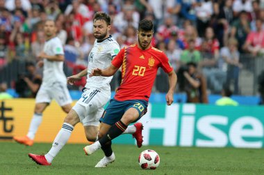 01.07.2018. Moskova, Rusya: Marco Asensio, Granat eylem FIFA Dünya Kupası Rusya 2018, sekizlik son futbol sırasında İspanya Vs Rusya Moskova'da Lujniki Stadyumu arasında eşleme.