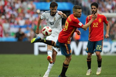 01.07.2018. Moskova, Rusya Federasyonu: Erokhin eylem sırasında FIFA Dünya Kupası Rusya 2018, sekizlik İspanya Vs Rusya Moskova'da Lujniki Stadyumu arasındaki final futbol maçını.