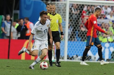 01.07.2018. Moskova, Rusya: Golovin eylem sırasında FIFA Dünya Kupası Rusya 2018, sekizlik İspanya Vs Rusya Moskova'da Lujniki Stadyumu arasındaki final futbol maçını.