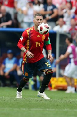 01.07.2018. Moskova, Rusya: Sergio Ramos eylem sırasında FIFA Dünya Kupası Rusya 2018, sekizlik İspanya Vs Rusya Moskova'da Lujniki Stadyumu arasındaki final futbol maçını.