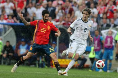 01.07.2018. Moskova, Rusya: Çifleşme, eylem sırasında FIFA Dünya Kupası Rusya 2018, sekizlik İspanya Vs Rusya Moskova'da Lujniki Stadyumu arasındaki final futbol maçını Fernandes.