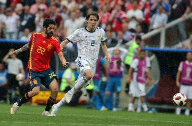 01.07.2018. Moskova, Rusya: Çifleşme, eylem sırasında FIFA Dünya Kupası Rusya 2018, sekizlik İspanya Vs Rusya Moskova'da Lujniki Stadyumu arasındaki final futbol maçını Fernandes.