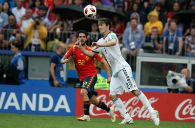 01.07.2018. Moskova, Rusya: Çifleşme, eylem sırasında FIFA Dünya Kupası Rusya 2018, sekizlik İspanya Vs Rusya Moskova'da Lujniki Stadyumu arasındaki final futbol maçını Fernandes.