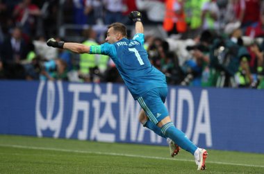 01.07.2018. Moskova, Rusya: Son ceza olarak FIFA Dünya Kupası Rusya 2018, sekizlik İspanya Vs Rusya Moskova'da Lujniki Stadyumu arasındaki final futbol maçını Akinfeyev verir.