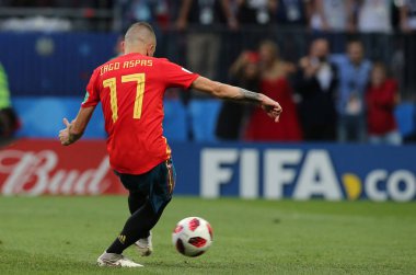 01.07.2018. Moskova, Rusya: Iago Aspas yanlış ceza FIFA Dünya Kupası Rusya 2018 yılında, İspanya Vs Rusya Moskova'da Lujniki Stadyumu arasında görüþ son futbol maç.