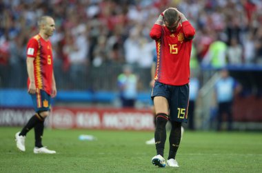 01.07.2018. Moskova, Rusya: Umutsuz Sergio Ramos, son Of FIFA Dünya Kupası Rusya 2018, İspanya Vs Rusya Moskova'da Lujniki Stadyumu arasında görüþ son futbol maç.