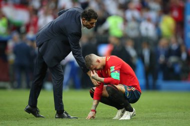 01.07.2018. Moskova, Rusya: Umutsuz Sergio Ramos, son Of FIFA Dünya Kupası Rusya 2018, İspanya Vs Rusya Moskova'da Lujniki Stadyumu arasında görüþ son futbol maç.