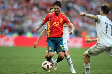 01.07.2018. Moskova, Rusya: Çifleşme eylem sırasında FIFA Dünya Kupası Rusya 2018 görüþ son futbol İspanya Vs Rusya Moskova'da Lujniki Stadyumu arasında eşleme.