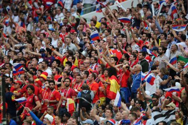 01.07.2018. Moskova, Rusya: İspanya fanlar üzerinde duruyor FIFA Dünya Kupası Rusya 2018 sırasında son futbol görüþ İspanya Vs Rusya Moskova'da Lujniki Stadyumu arasında eşleme.