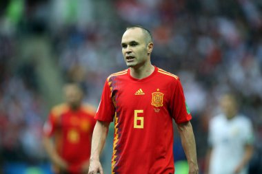 01.07.2018. Moskova, Rusya: Andres Iniesta eylem sırasında FIFA Dünya Kupası Rusya 2018 görüþ son futbol İspanya Vs Rusya Moskova'da Lujniki Stadyumu arasında eşleme.