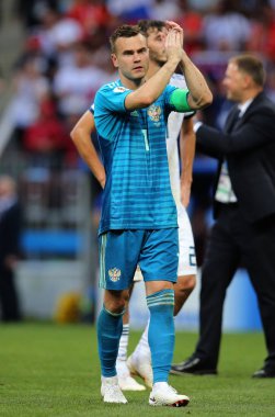 01.07.2018. Moskova, Rusya: Akinfeyev kutluyor zafer, son Of FIFA Dünya Kupası Rusya 2018, sekizlik son futbol İspanya Vs Rusya Moskova'da Lujniki Stadyumu arasında eşleme.