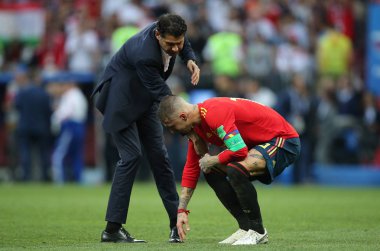 01.07.2018. Moskova, Rusya: Umutsuz Sergio Ramos, son Of FIFA Dünya Kupası Rusya 2018, İspanya Vs Rusya Moskova'da Lujniki Stadyumu arasında görüþ son futbol maç.