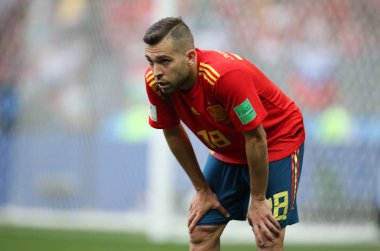 01.07.2018. Moskova, Rusya: Jordi Alba eylem sırasında FIFA Dünya Kupası Rusya 2018, sekizlik İspanya Vs Rusya Moskova'da Lujniki Stadyumu arasındaki final futbol maçını.