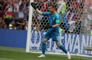 01.07.2018. İspanya Vs Rusya Moskova'da Lujniki Stadyumu arasında görüþ son futbol FIFA Dünya Kupası Rusya 2018 sırasında eylem Moskova, Rusya: Akinfeyev eşleme.