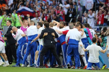 01.07.2018. Moskova, Rusya: Rusya takım kutlamak zafer içinde FIFA Dünya Kupası Rusya 2018, İspanya Vs Rusya Moskova'da Lujniki Stadyumu arasında görüþ son futbol maç.