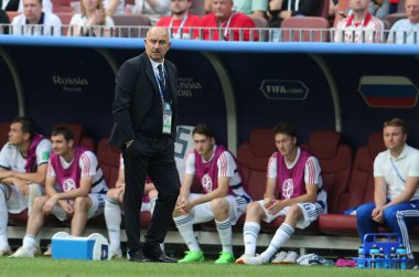 01.07.2018. Moskova, Rusya Federasyonu: Cherchesov Stanislav FIFA Dünya Kupası Rusya 2018 sırasında son futbol görüþ İspanya Vs Rusya Moskova'da Lujniki Stadyumu arasında eşleme.