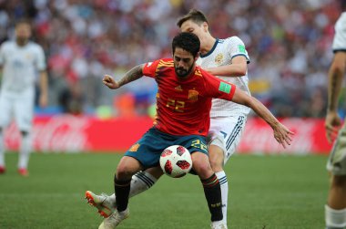 01.07.2018. Moskova, Rusya: Çifleşme eylem sırasında FIFA Dünya Kupası Rusya 2018, sekizlik İspanya Vs Rusya Moskova'da Lujniki Stadyumu arasındaki final futbol maçını.