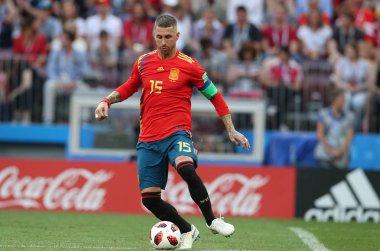01.07.2018. Moskova, Rusya: Sergio Ramos eylem sırasında FIFA Dünya Kupası Rusya 2018, sekizlik İspanya Vs Rusya Moskova'da Lujniki Stadyumu arasındaki final futbol maçını.