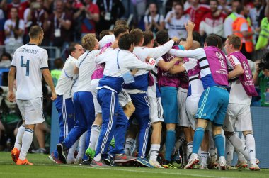 01.07.2018. Moskova, Rusya: Rusya takım kutlamak zafer içinde FIFA Dünya Kupası Rusya 2018, İspanya Vs Rusya Moskova'da Lujniki Stadyumu arasında görüþ son futbol maç.