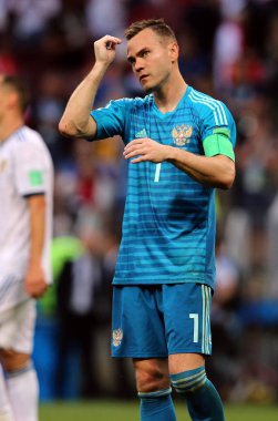 01.07.2018. Moskova, Rusya: Akinfeyev kutluyor zafer, son Of FIFA Dünya Kupası Rusya 2018, sekizlik son futbol İspanya Vs Rusya Moskova'da Lujniki Stadyumu arasında eşleme.