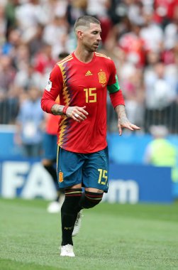 01.07.2018. Moskova, Rusya: Sergio Ramos eylem sırasında FIFA Dünya Kupası Rusya 2018, sekizlik İspanya Vs Rusya Moskova'da Lujniki Stadyumu arasındaki final futbol maçını.