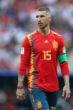 01.07.2018. eylem sırasında FIFA Dünya Kupası Rusya 2018 Moskova, Rusya: Sergio Ramos, İspanya Vs Rusya Moskova'da Lujniki Stadyumu arasında görüþ son futbol maç.