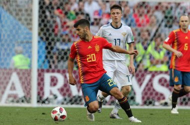 01.07.2018. Moskova, Rusya: Marco Asensio eylem sırasında FIFA Dünya Kupası Rusya 2018, sekizlik İspanya Vs Rusya Moskova'da Lujniki Stadyumu arasındaki final futbol maçını.