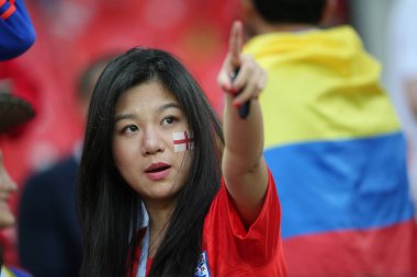 03.07.2018. Moskova, Rusya: İngiltere fanlar üzerinde yuvarlak-16 FIFA Dünya Kupası Rusya 2018 futbol tribünlerde Kolombiya Vs İngiltere'de Spartak Stadyumu arasında eşleme.