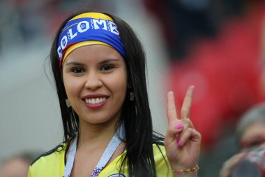 03.07.2018. Moskova, Rusya: Kolombiya taraftarlara yuvarlak-16 FIFA Dünya Kupası Rusya 2018 futbol tribünlerde Kolombiya Vs İngiltere'de Spartak Stadyumu arasında eşleme.