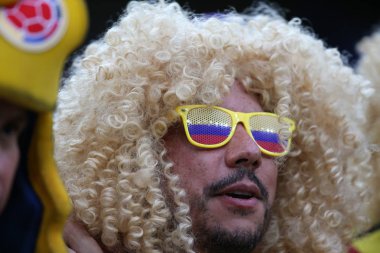 03.07.2018. Moskova, Rusya: Kolombiya taraftarlara yuvarlak-16 FIFA Dünya Kupası Rusya 2018 futbol tribünlerde Kolombiya Vs İngiltere'de Spartak Stadyumu arasında eşleme.
