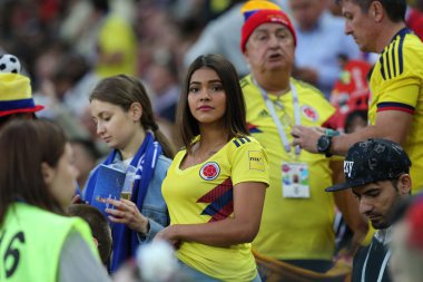 03.07.2018. Moskova, Rusya: Kolombiya taraftarlara yuvarlak-16 FIFA Dünya Kupası Rusya 2018 futbol tribünlerde Kolombiya Vs İngiltere'de Spartak Stadyumu arasında eşleme.