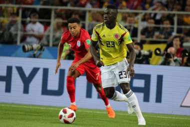03.07.2018. Moskova, Rusya Federasyonu: Davinson Sanchez eylem sırasında yuvarlak-16 FIFA Dünya Kupası Rusya 2018 futbol Kolombiya Vs İngiltere'de Spartak Stadyumu arasında eşleme.