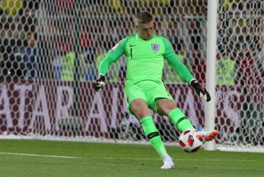 03.07.2018. Moskova, Rusya: Jordan Pickford eylem sırasında yuvarlak-16 FIFA Dünya Kupası Rusya 2018 futbol maç arasında Kolombiya Vs İngiltere'de Spartak stadyumu.