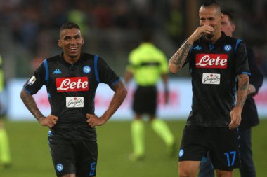 Rome, İtalya - 18 Ağustos 2018: Serie A: Allan, Marek del S.S. Lazio Vs Napoli Roma Stadio Olimpico İtalyan Serie A maçı sırasında eylem