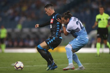 Rome, İtalya - 18 Ağustos 2018: Serie A:Jos Calleion, Martin Caceres S.S. Lazio Vs Napoli Roma Stadio Olimpico İtalyan Serie A maçı sırasında eylem