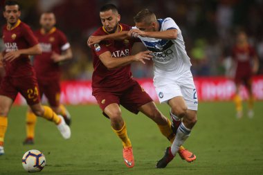 Rome, İtalya - 27 Ağustos 2018: Stadio Olimpico, Roma, İtalya. Serie A:Manolas, Timothy Castagne A.S. Roma V Atalanta Roma Stadio Olimpico İtalyan Serie A maçı sırasında eylem