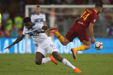 Rome, İtalya - 27 Ağustos 2018: Stadio Olimpico, Roma, İtalya. A.S. Roma V Atalanta Roma Stadio Olimpico arasında Manolas eylem sırasında İtalyan Serie A Serie A:Zapata, eşleme