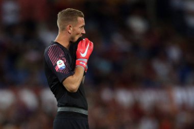 Rome, İtalya - 27 Ağustos 2018: Stadio Olimpico, Roma, İtalya. Serie A: Robin Olsen A.S. Roma V Atalanta Roma Stadio Olimpico İtalyan Serie A maçı sırasında eylem