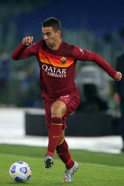 Roma, İtalya - 27 / 09 / 2020: Roma 'daki Olimpiyat Stadyumu' ndaki As Roma ve FC Juventus arasında oynanan İtalya Serie A Ligi 20 / 21 futbol karşılaşmasında