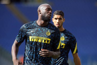 Roma, İtalya - 04 / 10 / 2020: R.Lukaku (İnter) İtalya Serisi 20 / 21 futbol karşılaşması öncesinde SS Lazio ile FC Inter arasında Roma Olimpiyat Stadyumu 'nda oynanan karşılaşma.